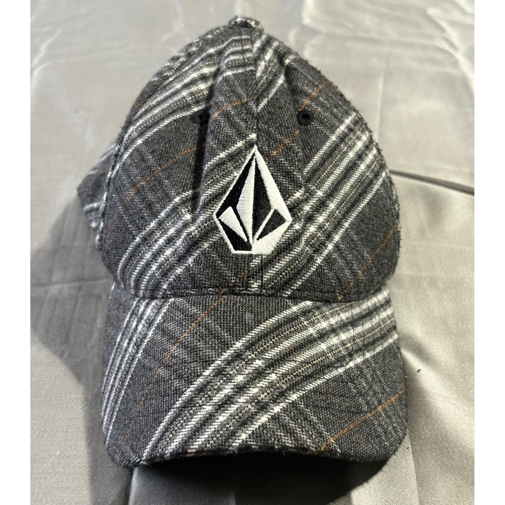 Volcom Youth Grey Plaid Flexfit Baseball Hat Skate Stone‎ Logo Cap